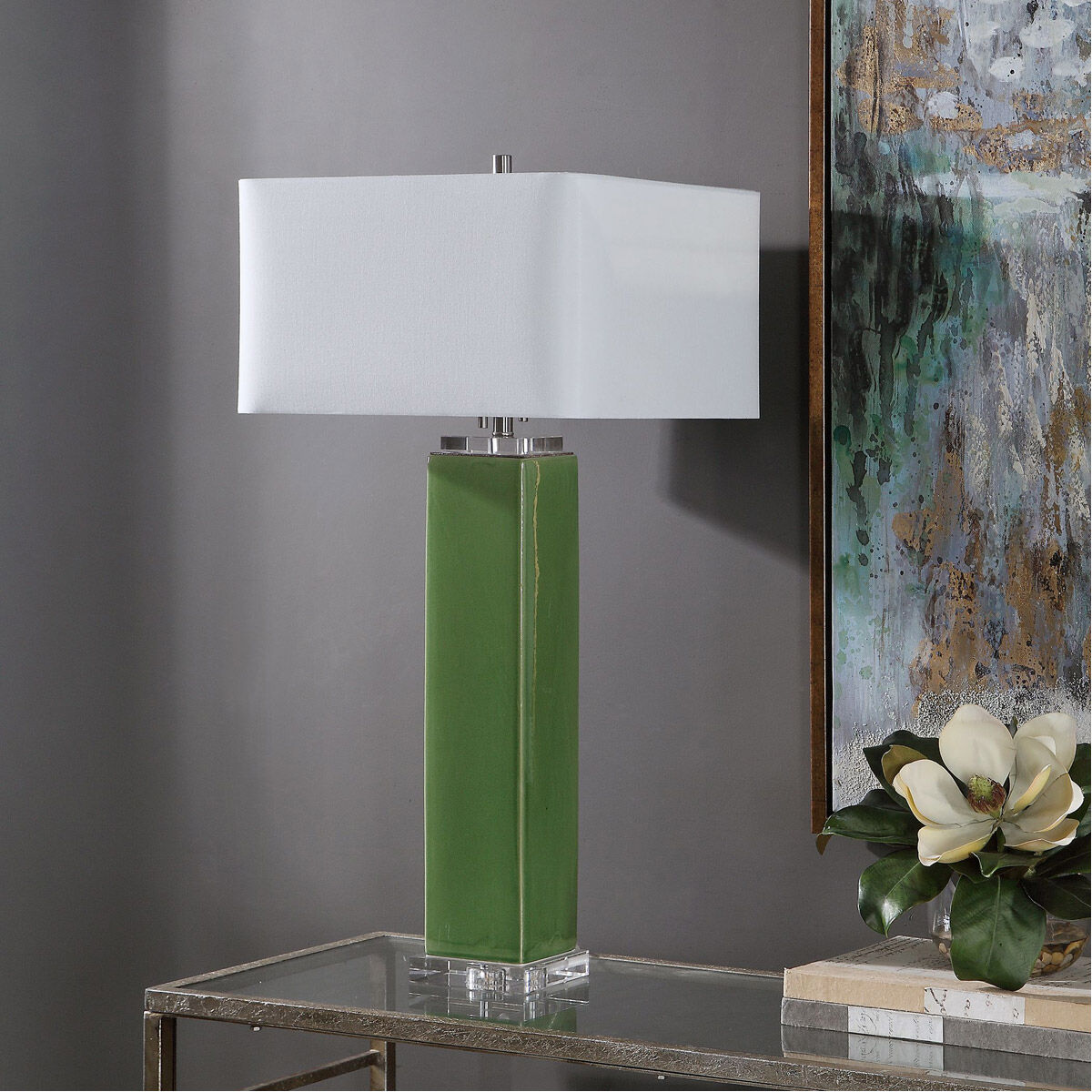 Aneeza 32 inch 60 watt Green Glaze with Brushed Nickel and Crystal Table Lamp Portable Light