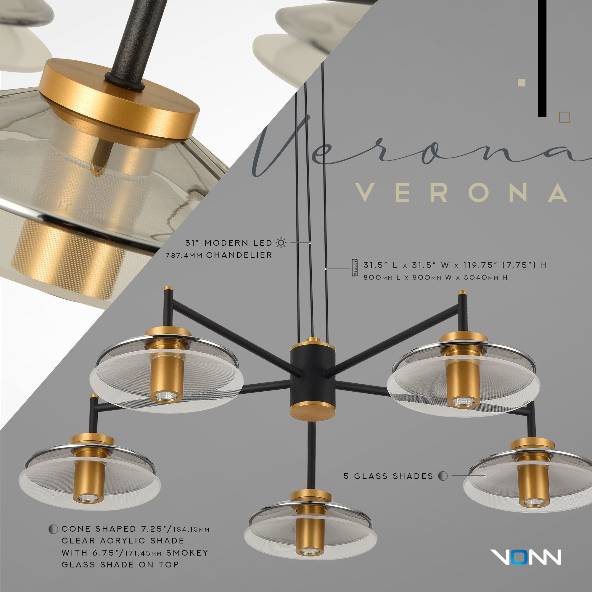 Verona Series 31.5 inch Black/Gold Chandelier Ceiling Light, Artisan Collection