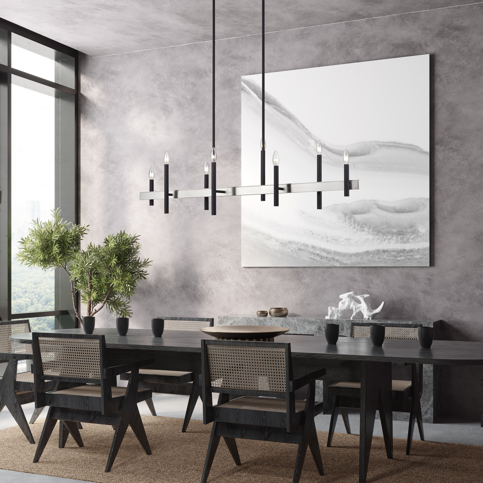 Denmark 8 Light 48 inch Black with Brushed Nickel Accents Linear Chandelier Ceiling Light