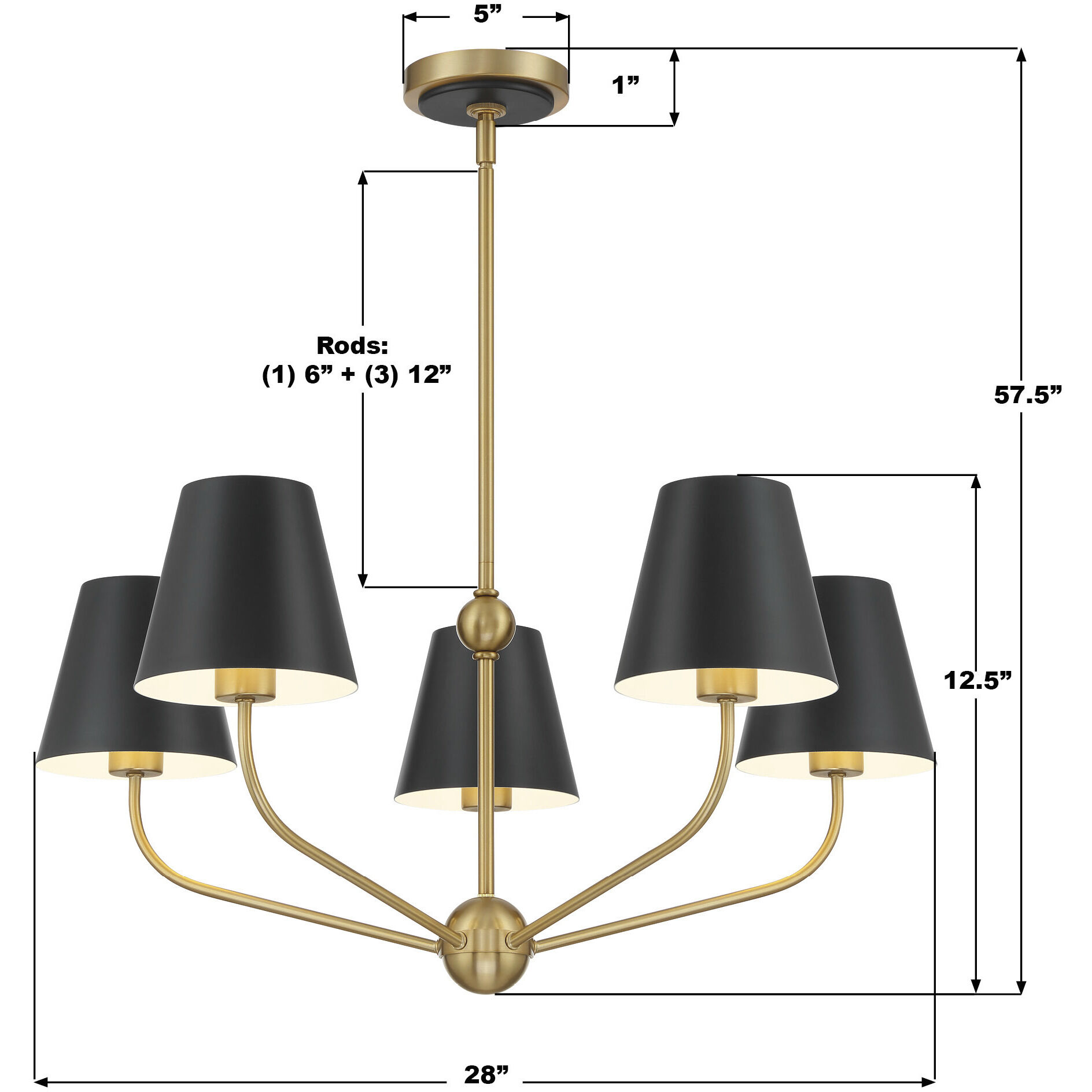 Xavier 5 Light 28 inch Vibrant Gold Chandelier Ceiling Light in Vibrant Gold and Matte Black