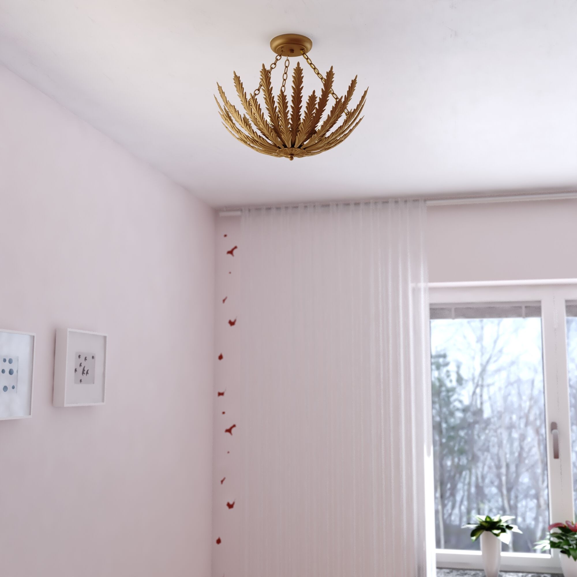 Ozette 3 Light 18 inch Painted Gold Semi Flush Mount Ceiling Light, Leaf Motif