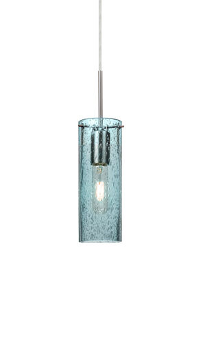 Juni 1 Light Satin Nickel Pendant Ceiling Light in Blue Bubble Glass