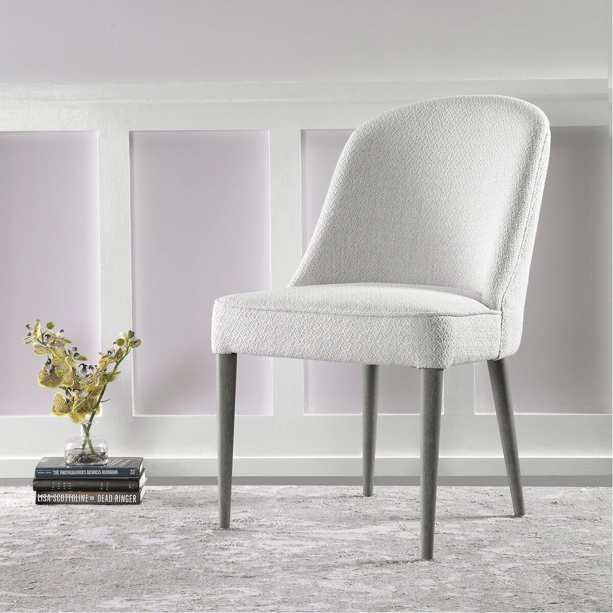 Brie Off-White Textured Fabric and Light Walnut Armless Chairs, Set of 2