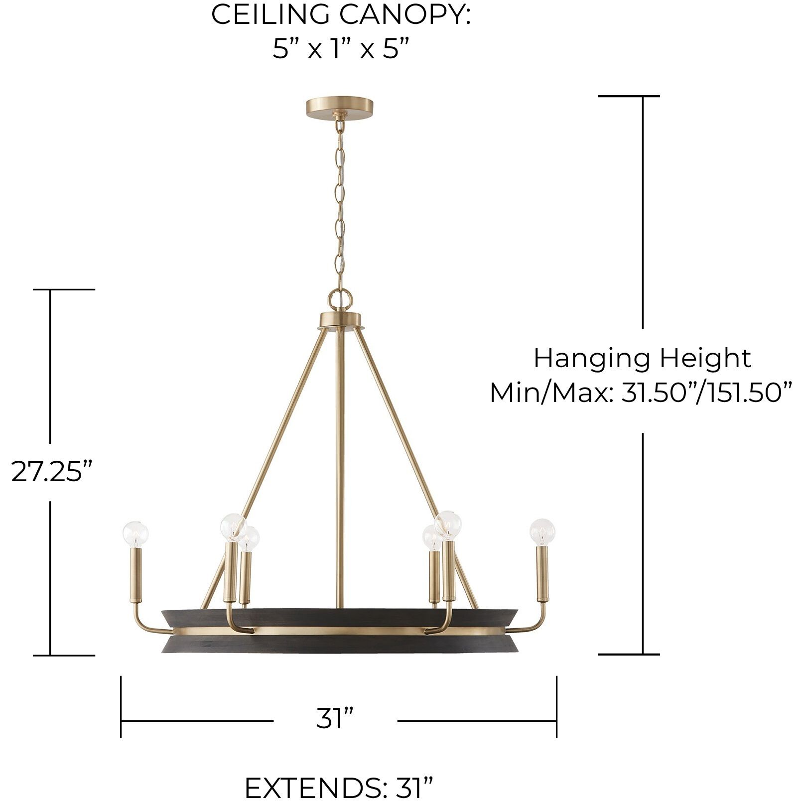 Finn 6 Light 31 inch Black Stain and Matte Brass Chandelier Ceiling Light