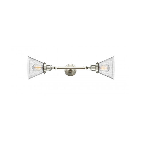 Franklin Restoration Large Cone 2 Light 8 inch Brushed Satin Nickel Bath Vanity Light Wall Light in Seedy Glass, Franklin Restoration