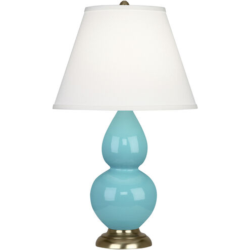Small Double Gourd 22.75 inch 150.00 watt Egg Blue Glazed Ceramic Antique Brass Accent Lamp Portable Light in Pearl Dupioni