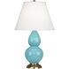 Small Double Gourd 22.75 inch 150.00 watt Egg Blue Glazed Ceramic Antique Brass Accent Lamp Portable Light in Pearl Dupioni