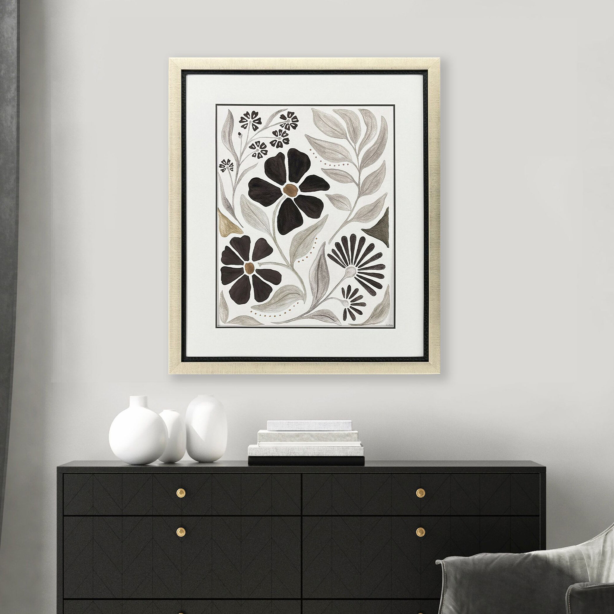 Modern Petals Gray and Beige and Brown Framed Art