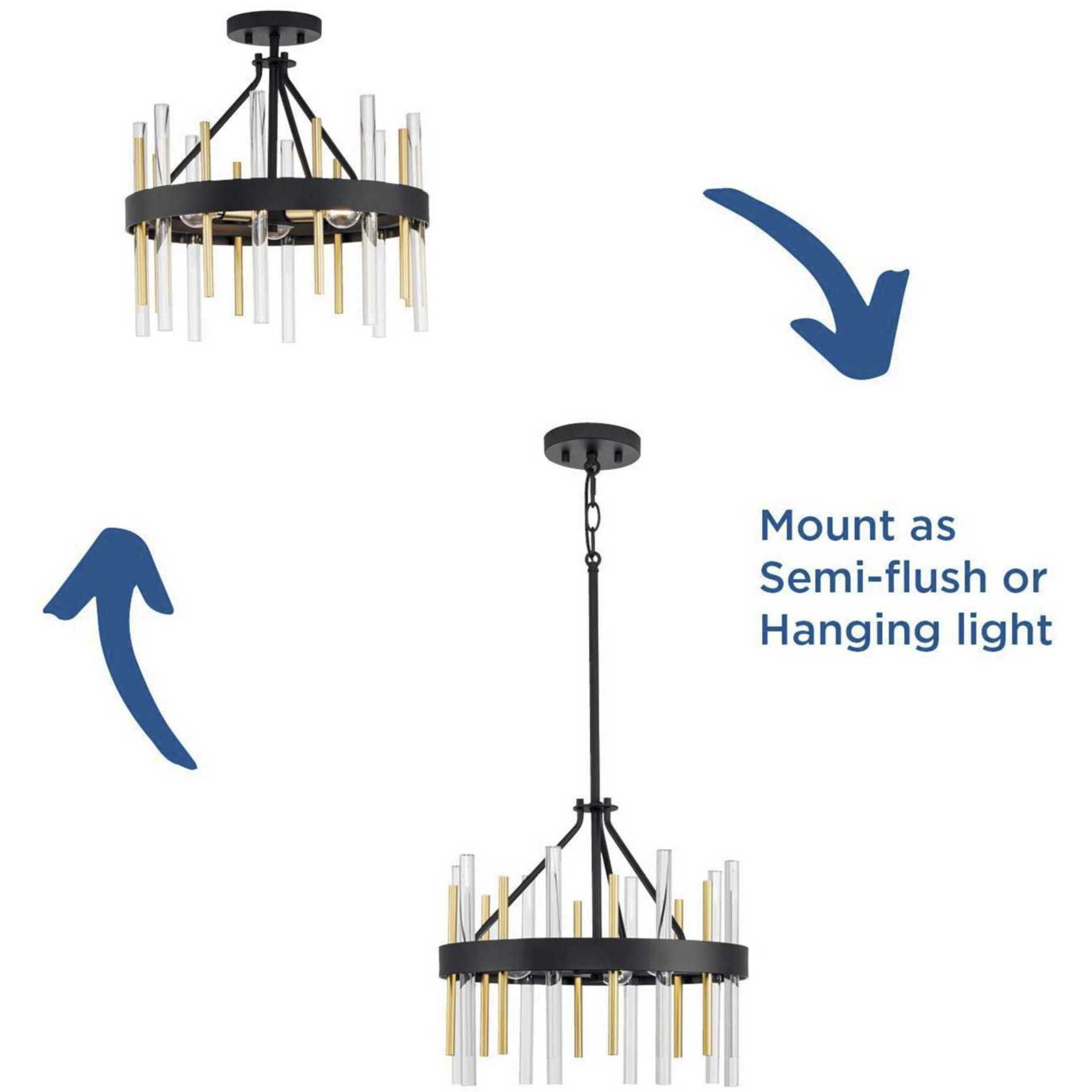 Orrizo 3 Light 16 inch Matte Black Semi-Flush Mount Convertible Ceiling Light, Design Series