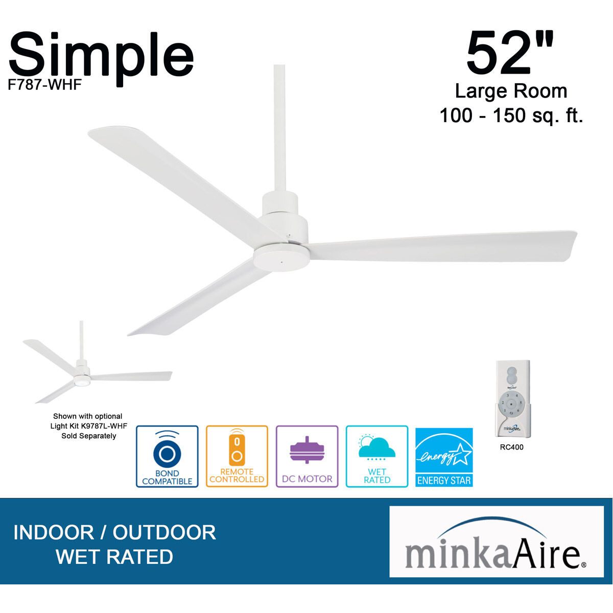 Simple 52 inch Flat White Outdoor Ceiling Fan
