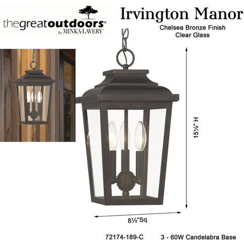 Great Outdoors Irvington Manor 3 Light 8.5 inch Chelesa Bronze Outdoor Chain Hung in Incandescent, Clear Glass