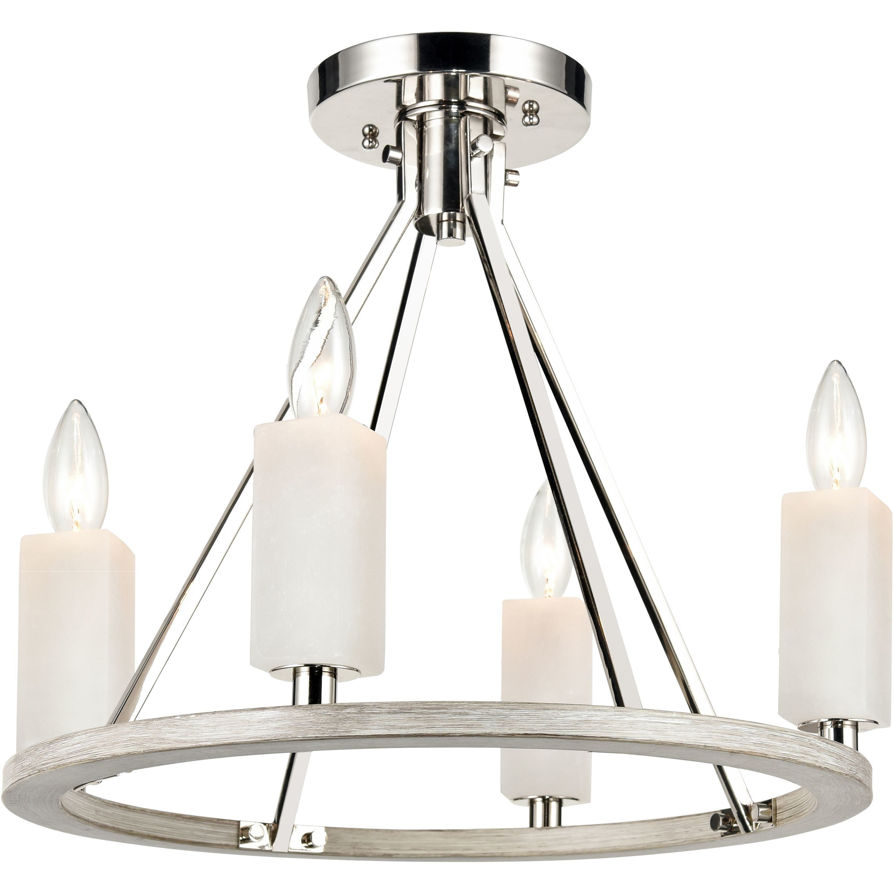 White Stone 4 Light 18 inch Polished Nickel with Sunbleached Oak Semi Flush Mount Ceiling Light