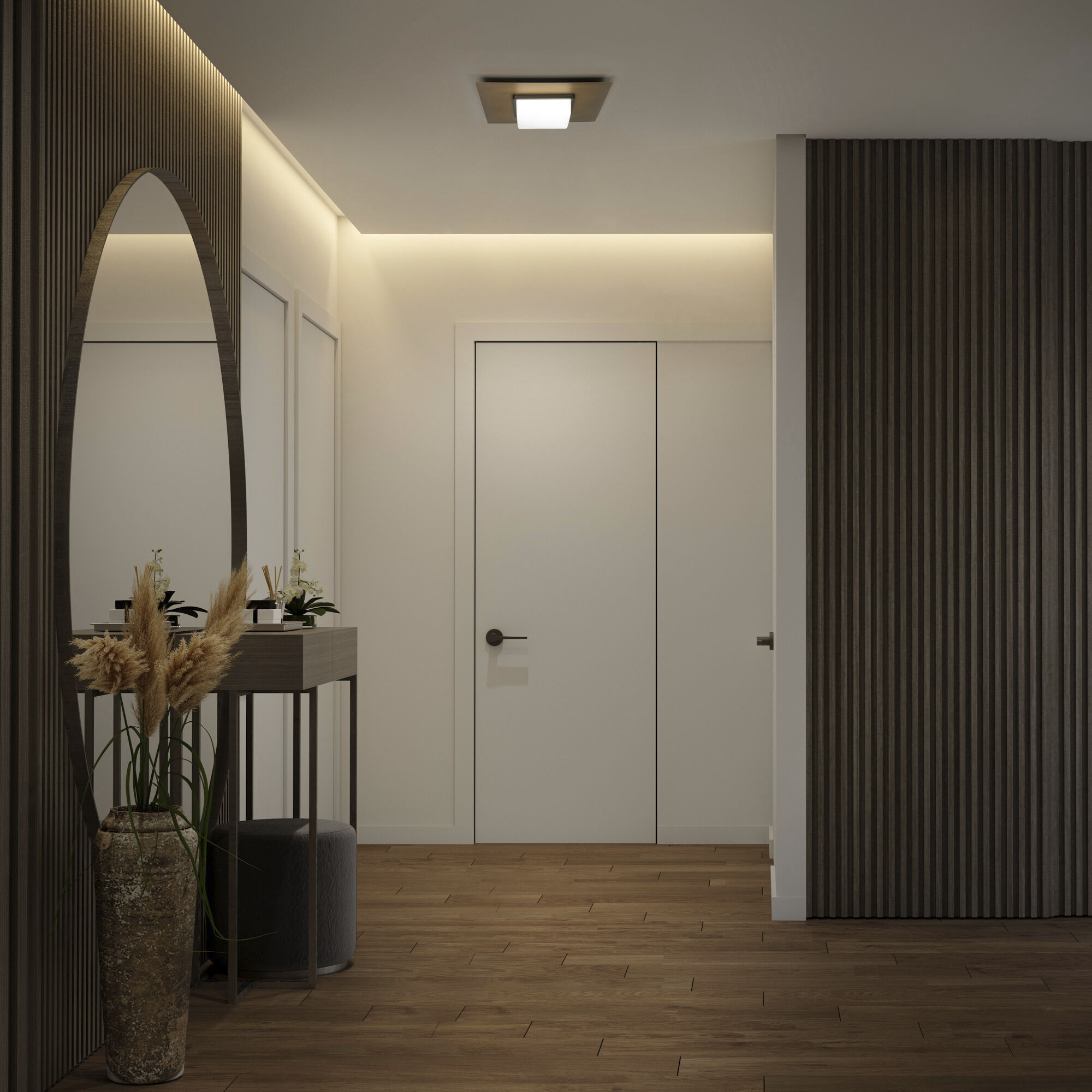 Double Decker LED 14 inch Black Aged Brass Flush Mount Ceiling Light in 3500K, dweLED