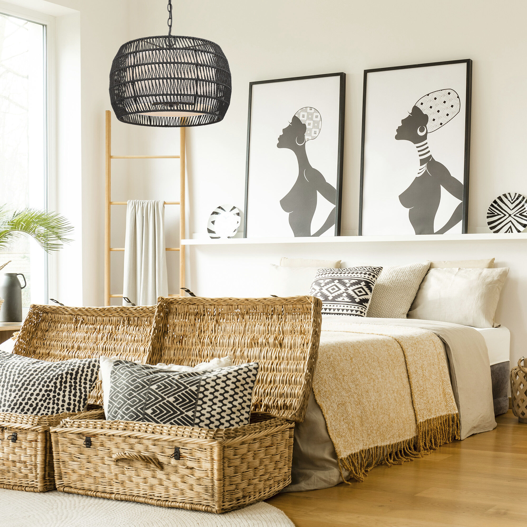 Everly 4 Light 19 inch Matte Black Pendant Ceiling Light in Modern Black Rattan