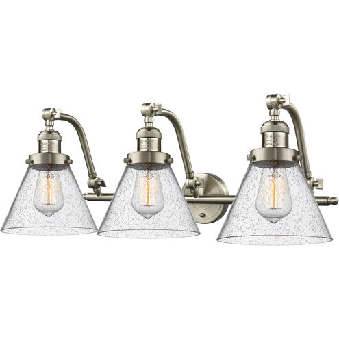 Franklin Restoration Large Cone 3 Light 28 inch Brushed Satin Nickel Bath Vanity Light Wall Light in Seedy Glass, Franklin Restoration