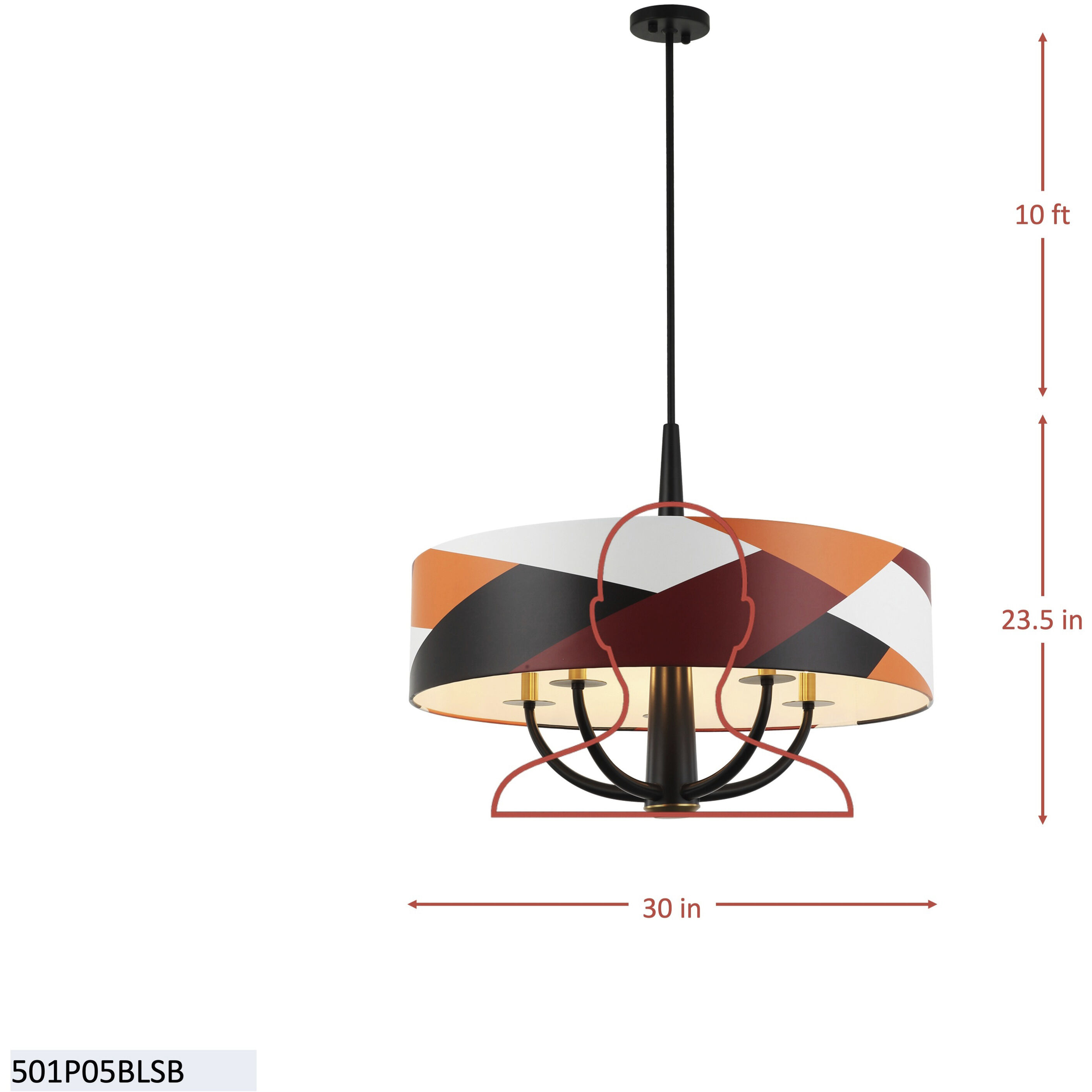 Patchwork 5 Light 30 inch Black with Satin Brass with Patchwork Pendant Ceiling Light in Black/Satin Brass/Patchwork