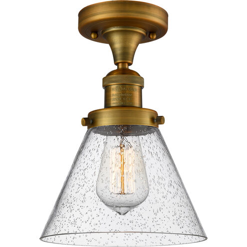 Franklin Restoration Large Cone LED 8 inch Brushed Brass Semi-Flush Mount Ceiling Light in Seedy Glass, Franklin Restoration