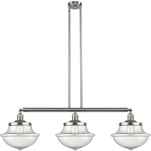 Franklin Restoration Large Oxford 3 Light 42 inch Brushed Satin Nickel Island Light Ceiling Light in Seedy Glass, Franklin Restoration