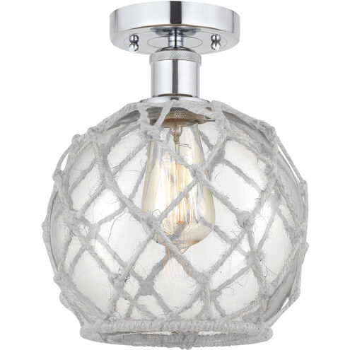 Edison Farmhouse Rope 1 Light 8 inch Polished Chrome Semi-Flush Mount Ceiling Light in Clear Glass with White Rope