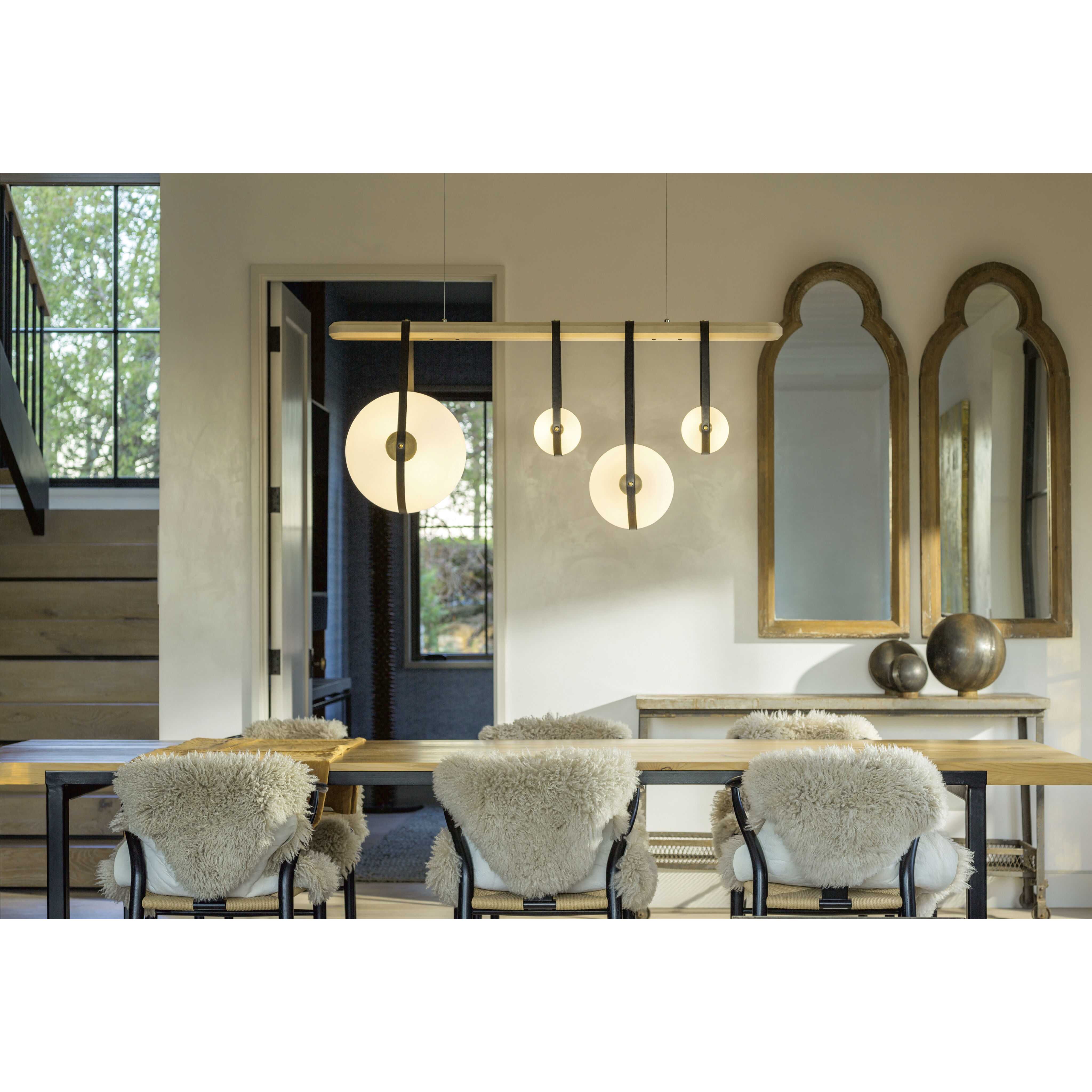 Derby LED 52 inch Black and Antique Brass Linear Pendant Ceiling Light in Black/Antique Brass, Black Leather with Maple Natural