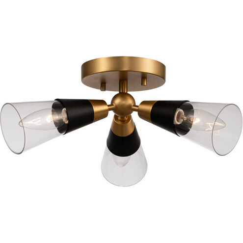 Ponti 3 Light 15 inch Matte Black with New Brass Semi Flush Mount Ceiling Light