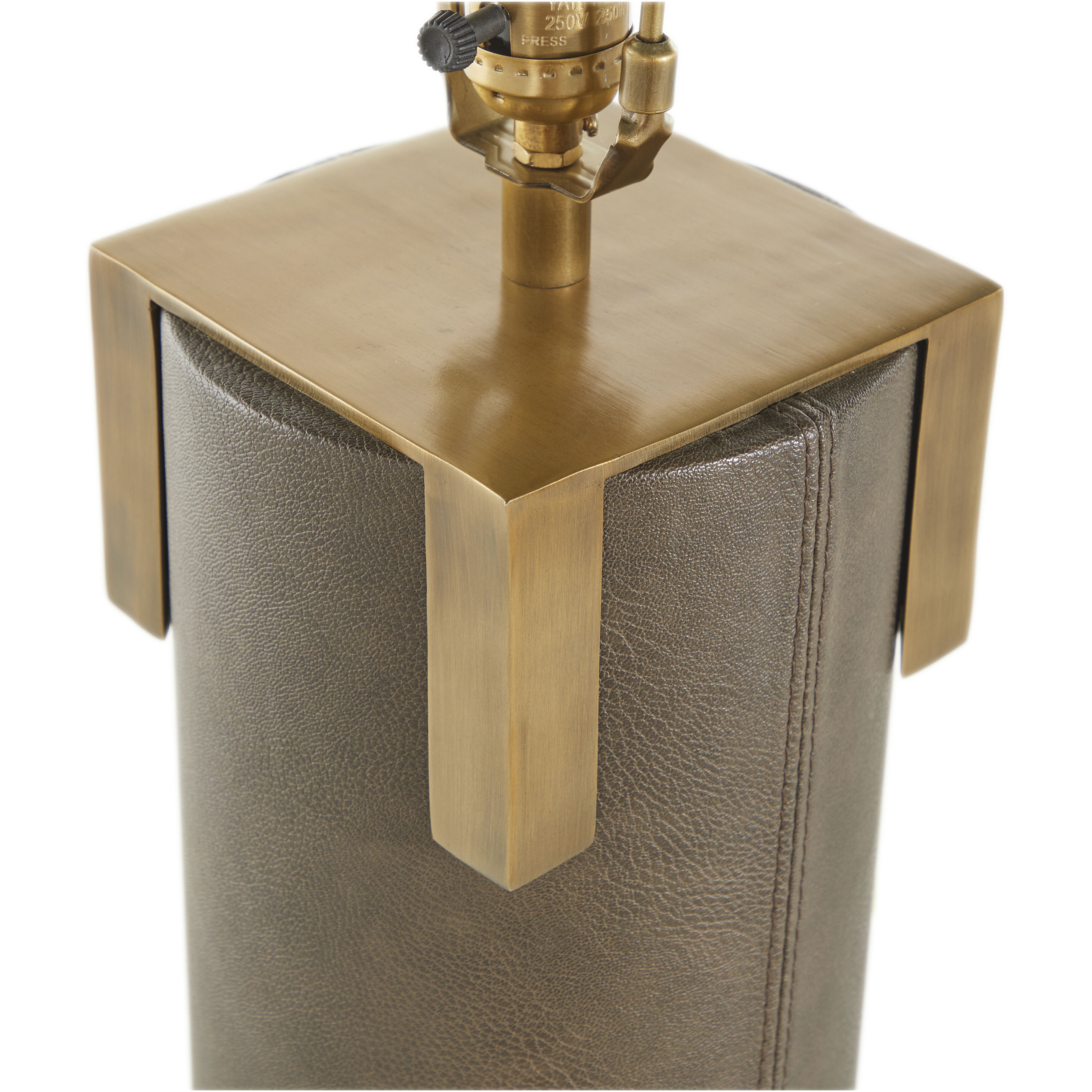 Bronx 29 inch Brushed Antique Brass and Dark Brown Leather with Beige Linen Table Lamp Portable Light