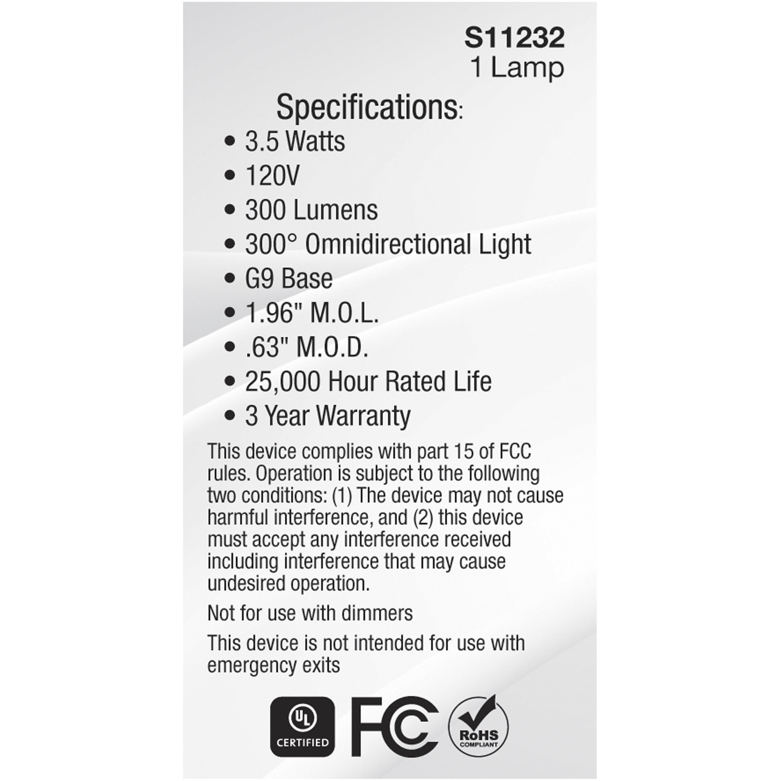 Lumos LED JCD LED G9 Double Loop 3.5 watt 3000K Mini and Pin-Based LED