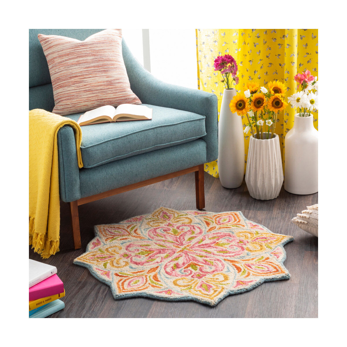 Bonifate 36 X 36 inch Rose/Lime/Khaki/Burnt Orange/Mustard/Aqua Rugs, Round