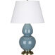 Double Gourd 31 inch 150 watt Steel Blue Glazed Ceramic with Antique Brass Table Lamp Portable Light in Pearl Dupioni