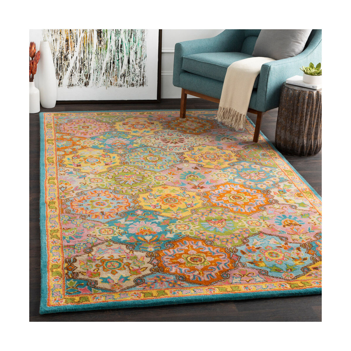 Caesar 117 X 117 inch Burnt Orange/Bright Yellow/Grass Green/Aqua/Rose Rugs, Square