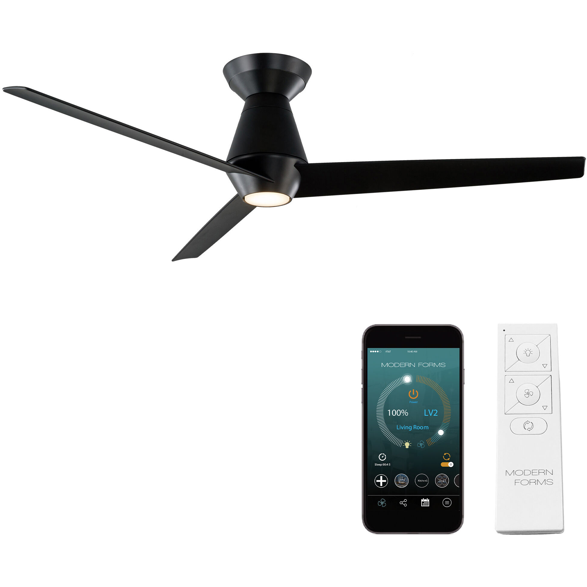 Slim 52 inch Matte Black Flush Mount Ceiling Fan in 3000K, Smart Ceiling Fan