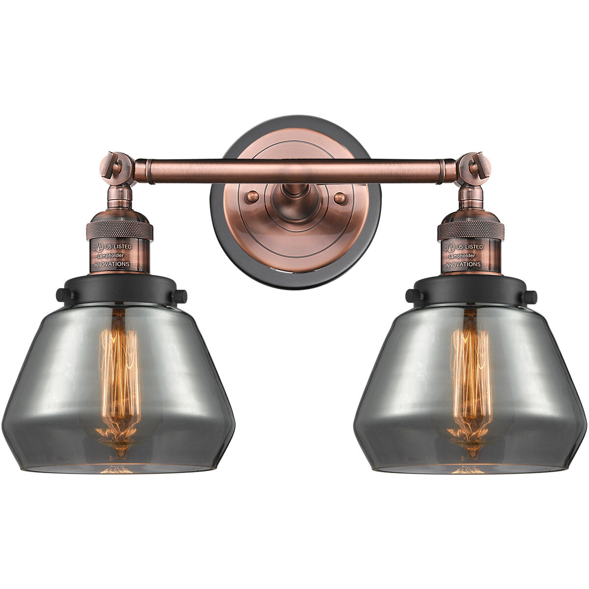 Innovations Lighting 208BP ACBK G173 Franklin Restoration Fulton 2 Light 17 inch Antique Copper Bath Vanity Light Wall Light in Plated Smoke Glass