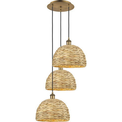 Woven Rattan 3 Light 18.5 inch Brushed Brass Multi Pendant Ceiling Light