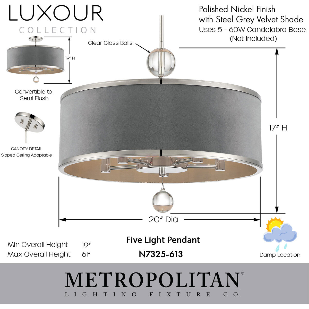 Luxour 5 Light 20 inch Polished Nickel Convertible Pendant Semi Flush Ceiling Light