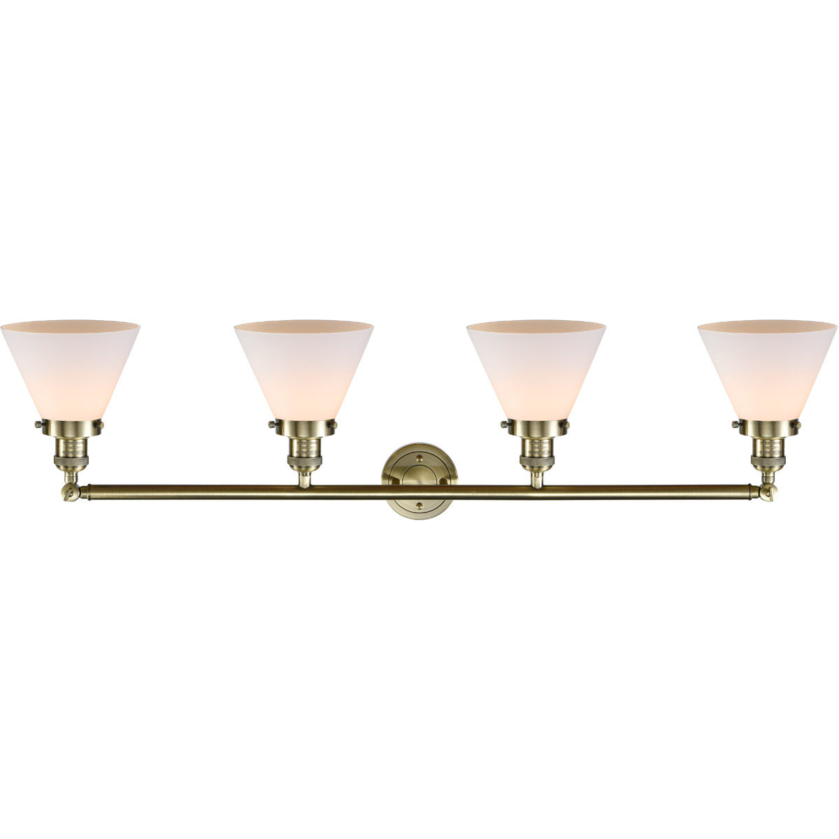 Franklin Restoration Large Cone 4 Light 44 inch Antique Brass Bath Vanity Light Wall Light in Incandescent, Matte White Glass, Franklin Restoration