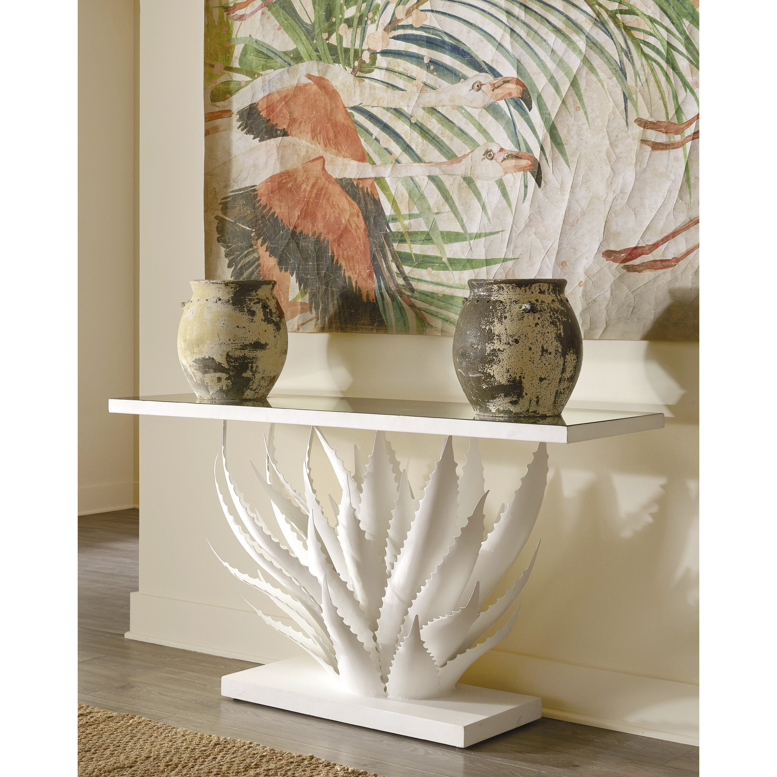 Agave 60.25 inch Gesso White and Mirror Console Table, Marjorie Skouras Collection