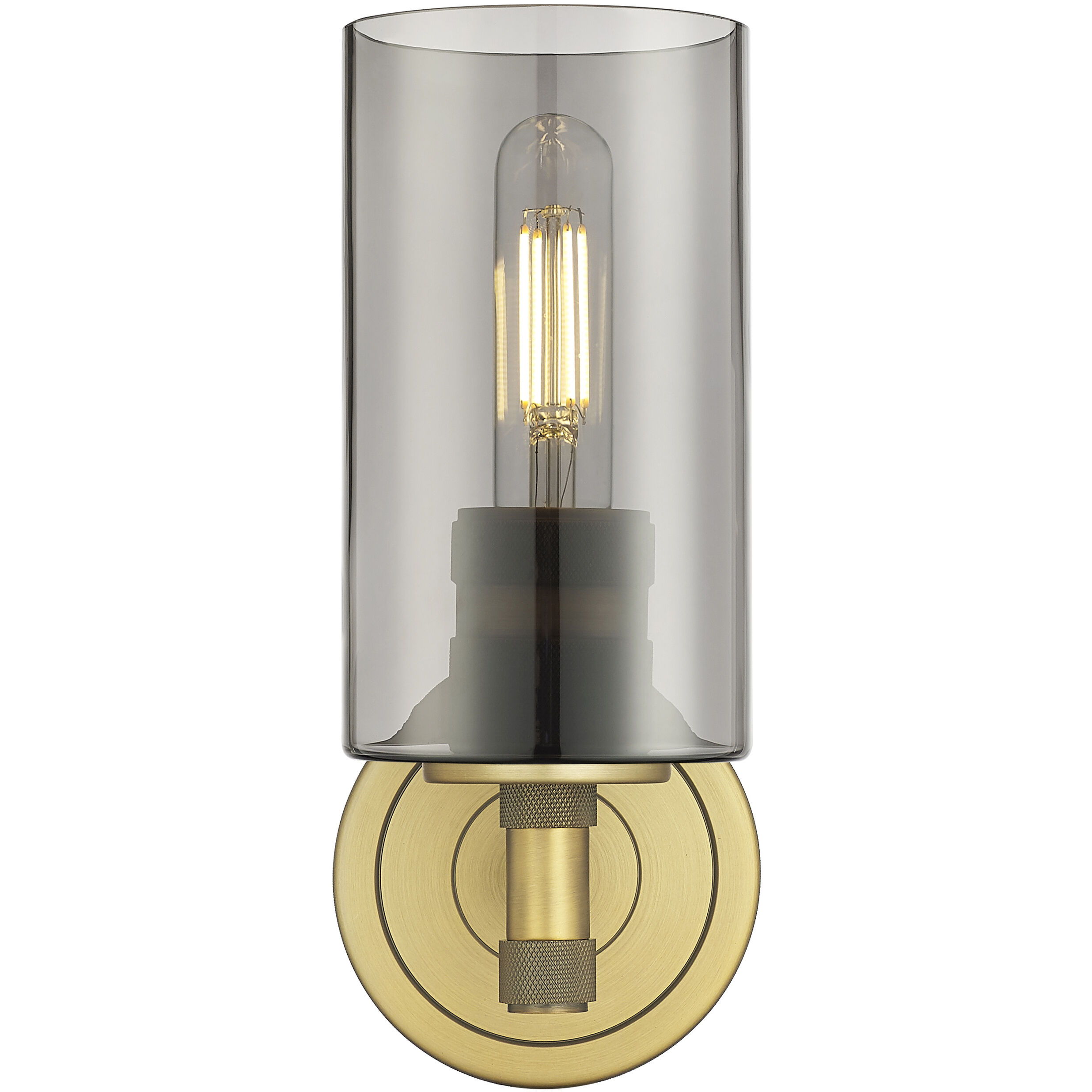 Crown Point Sconce Wall Light in Brushed Brass, Light Smoke Glass