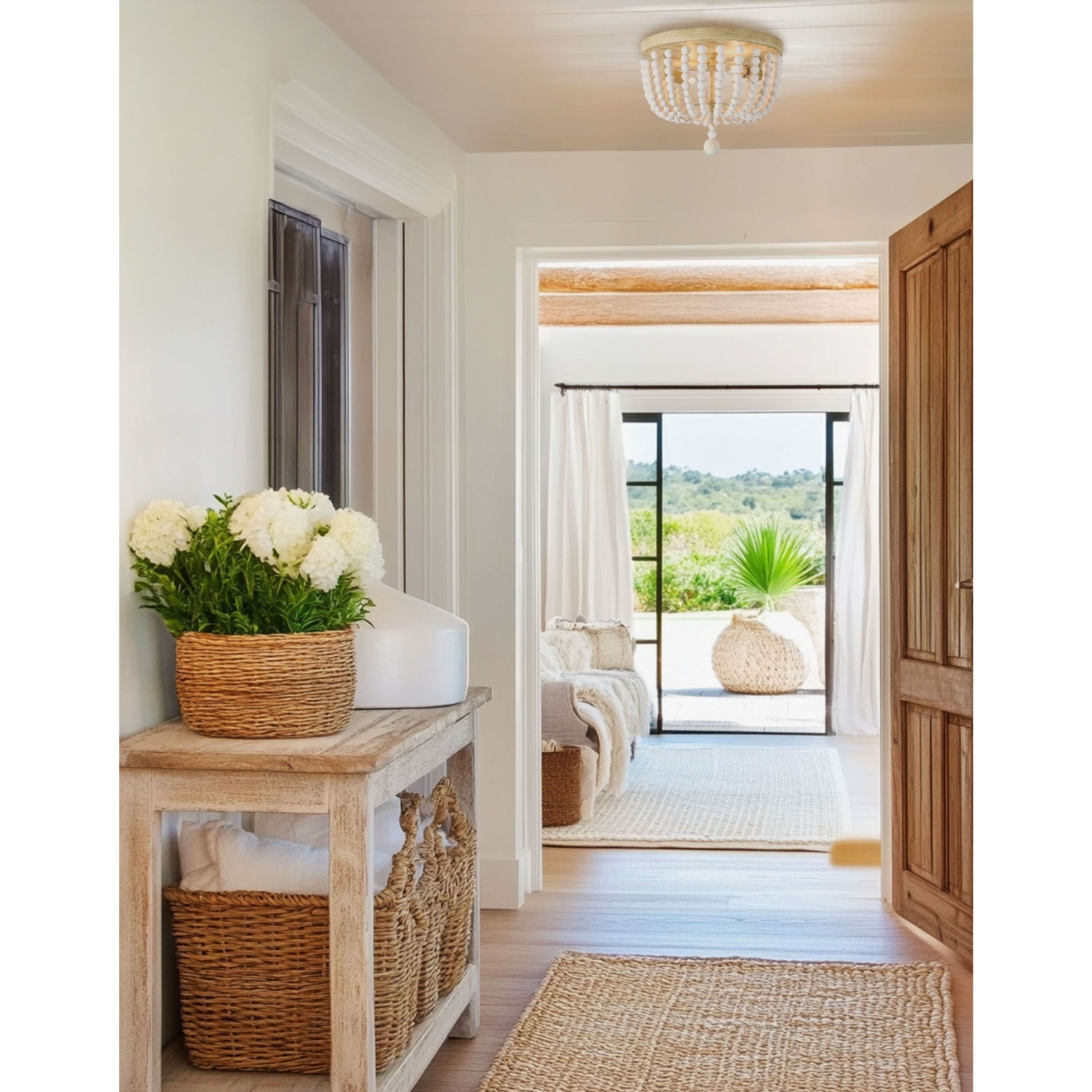 Bridget LED 13 inch Vintage White Flush Mount Ceiling Light, Beaded