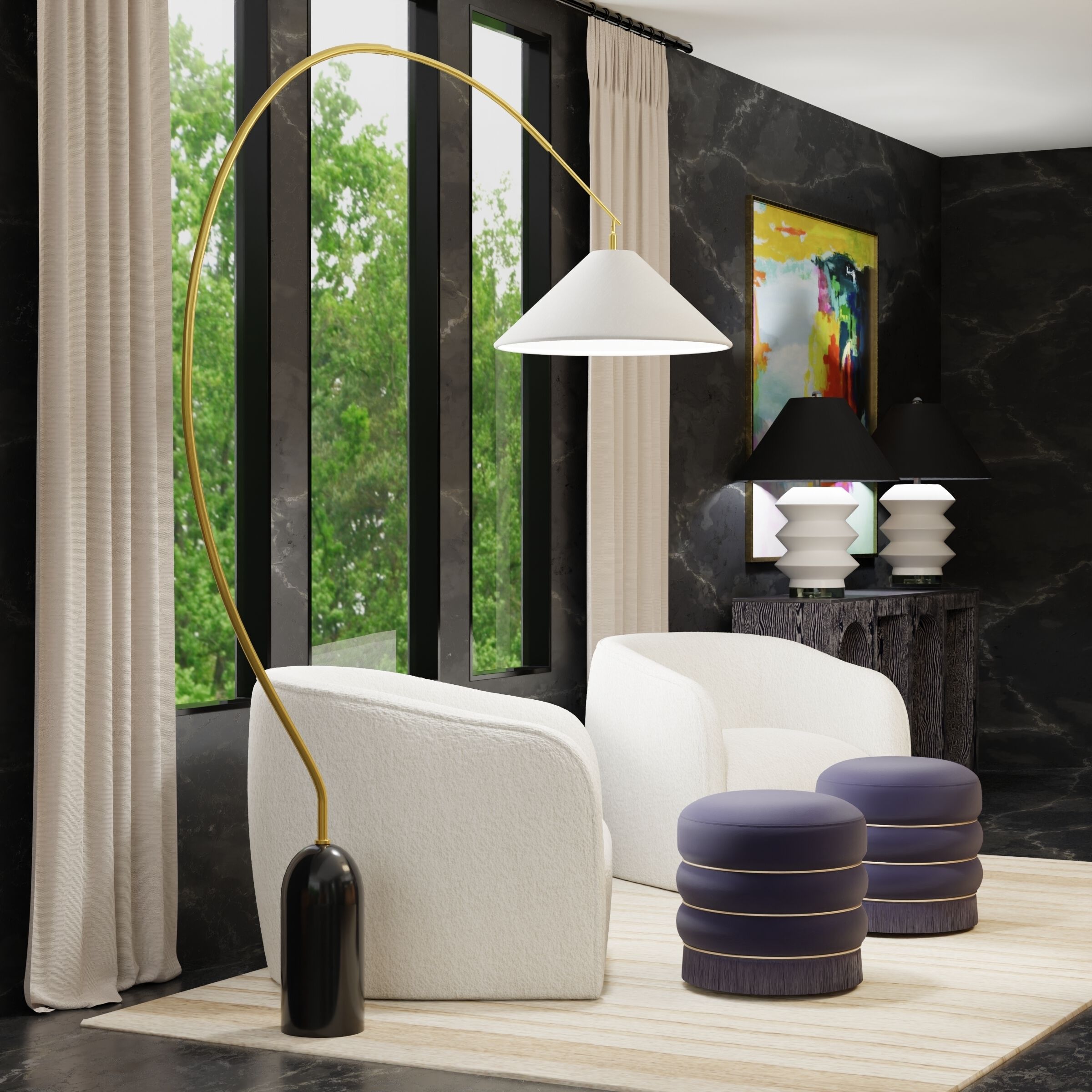 Chandra 15.7 inch Black and Brass Ottoman