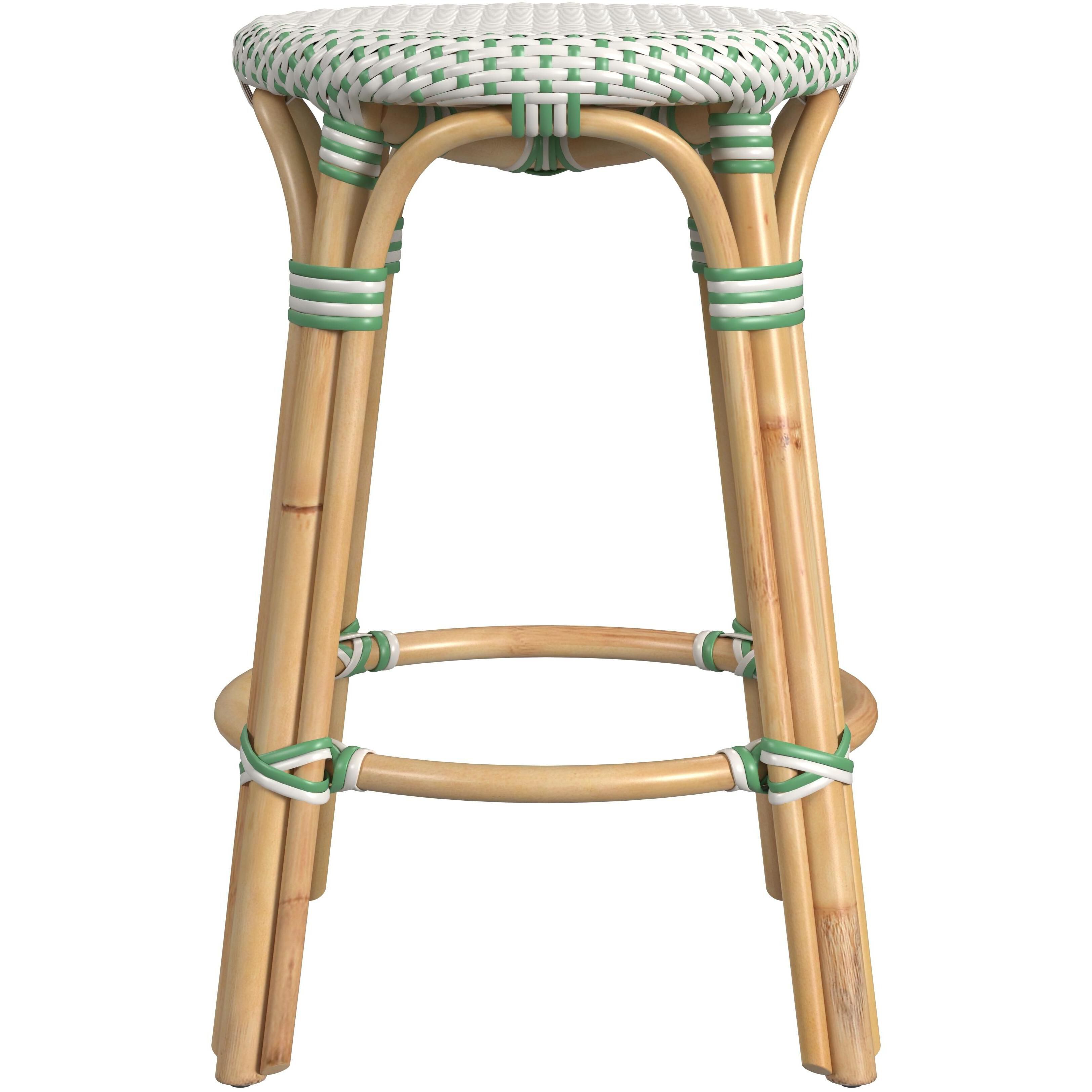 Tobias Rattan Round 24" Counter Stool in White and Green Dot