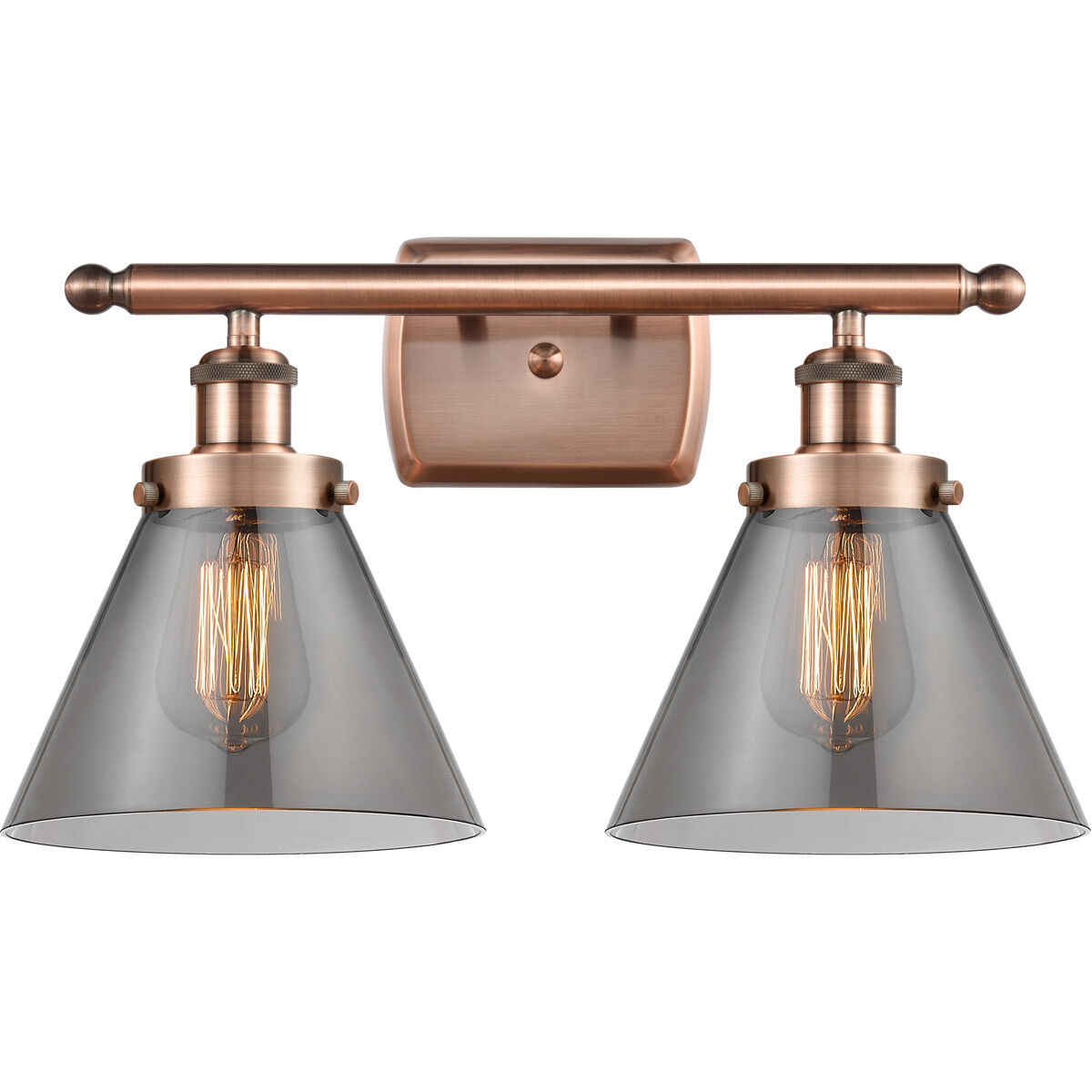 Ballston Large Cone 2 Light 16 inch Antique Copper Bath Vanity Light Wall Light in Plated Smoke Glass