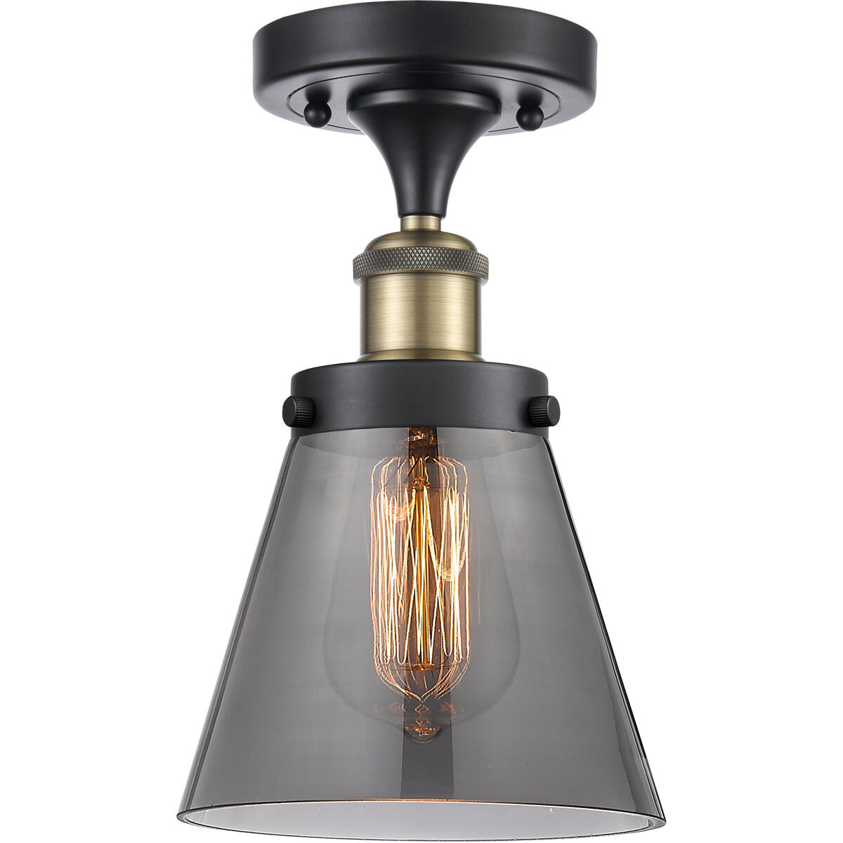 Ballston Small Cone LED 6 inch Black Antique Brass Semi-Flush Mount Ceiling Light in Plated Smoke Glass