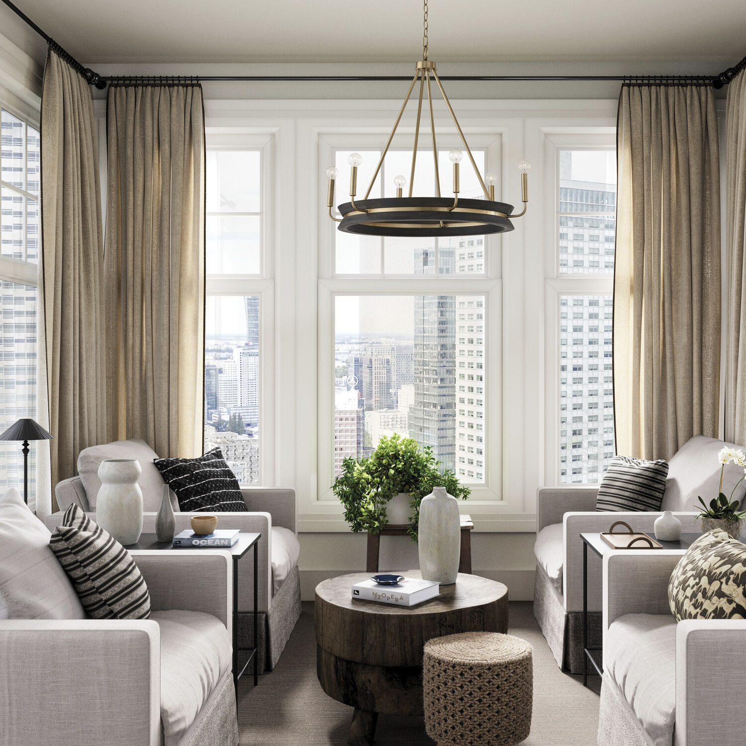 Finn 6 Light 31 inch Black Stain and Matte Brass Chandelier Ceiling Light