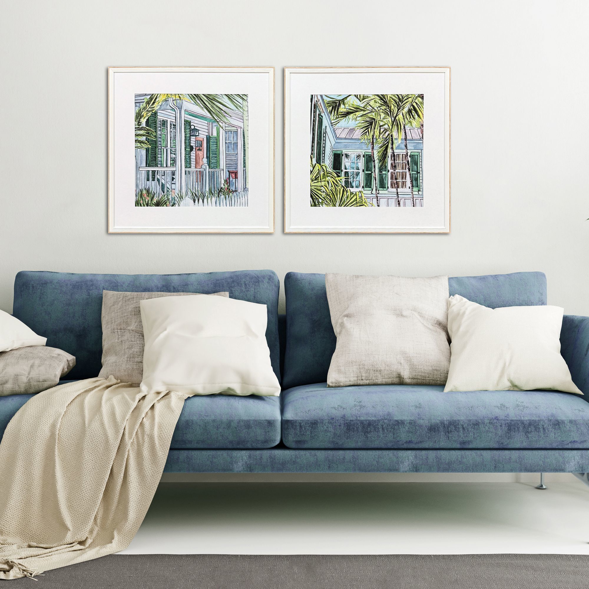 Palm House Green and Blue and White and Yellow Framed Art