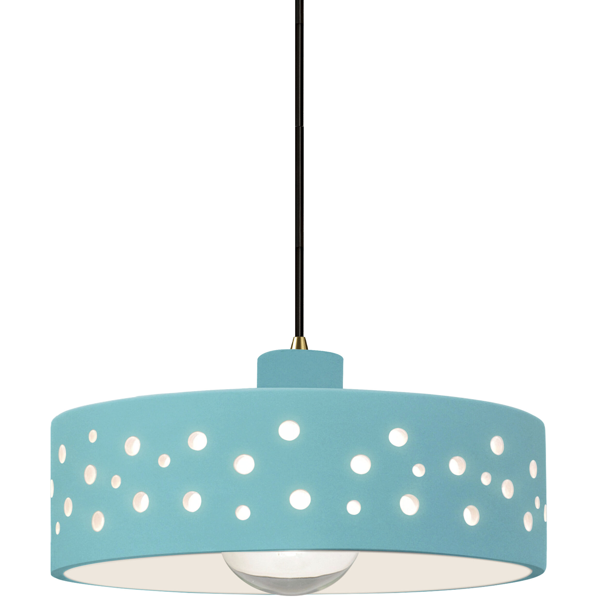 Perforated Dish Pendant Ceiling Light in Antique Brass, Dedicated LED, Black Cord, Reflecting Pool, Form+Finish+Function