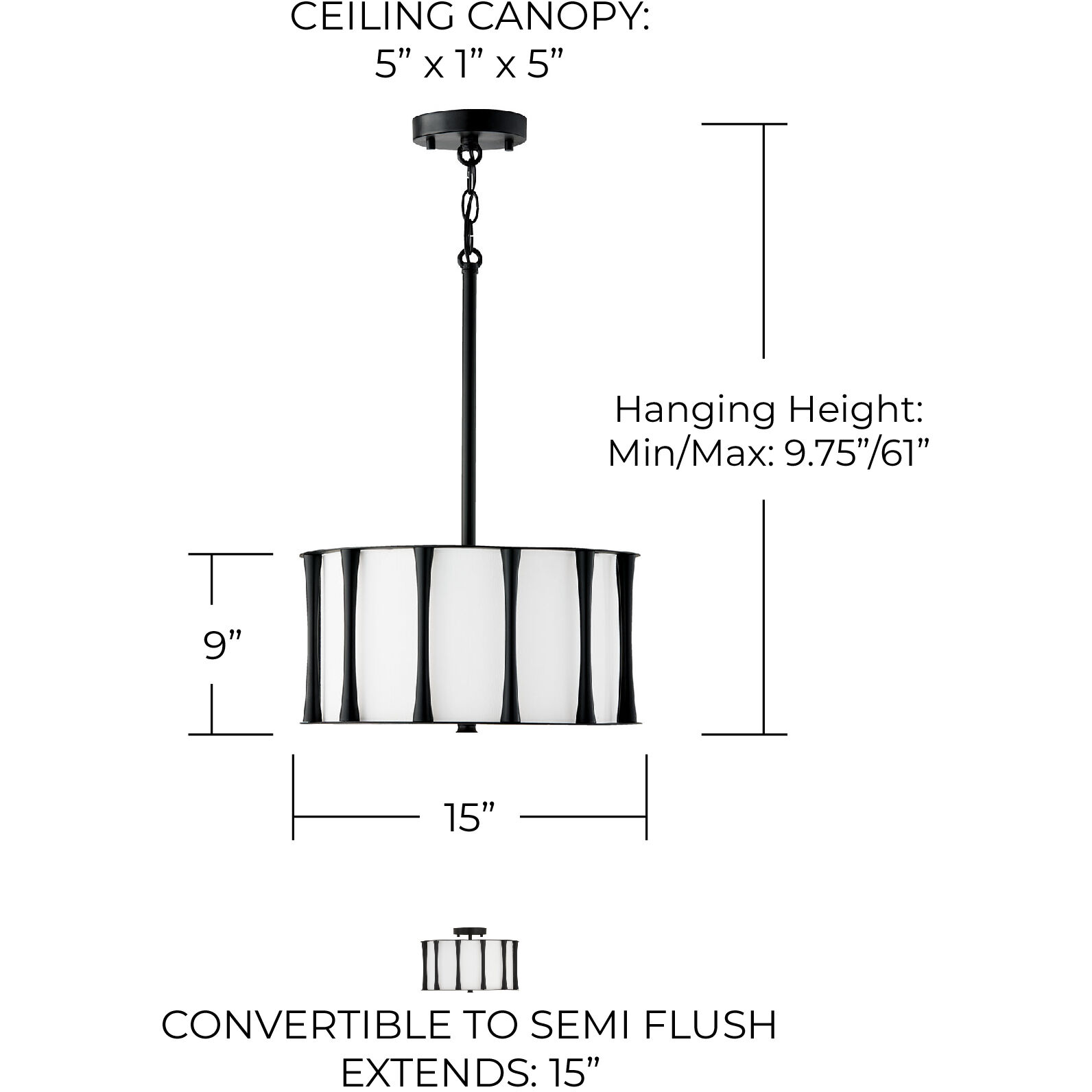 Bodie 3 Light 15 inch Matte Black Semi-Flush Mount Ceiling Light, Convertible Dual Mount