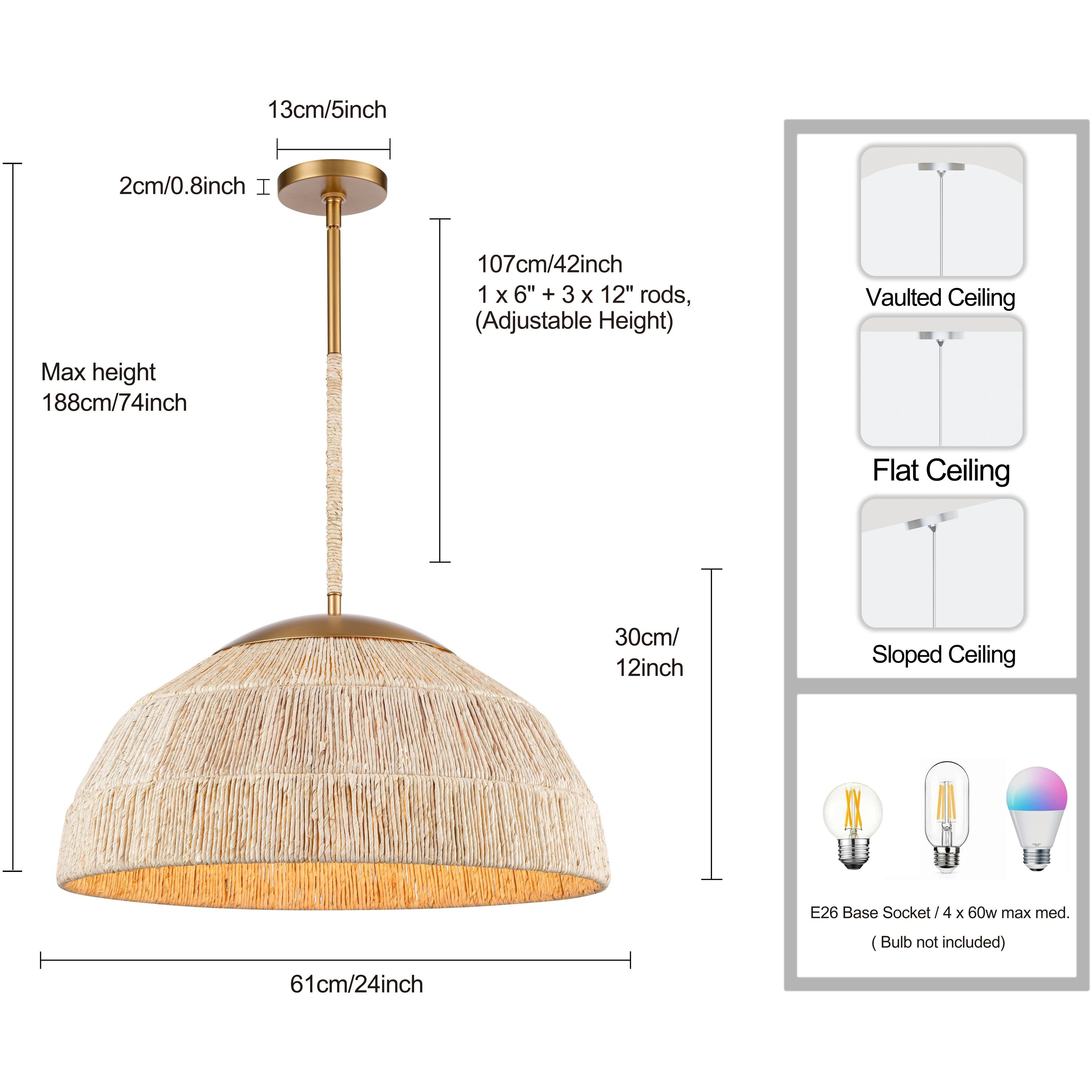 Copa 4 Light 24 inch Natural Brass Pendant Ceiling Light, Converts to Semi Flush