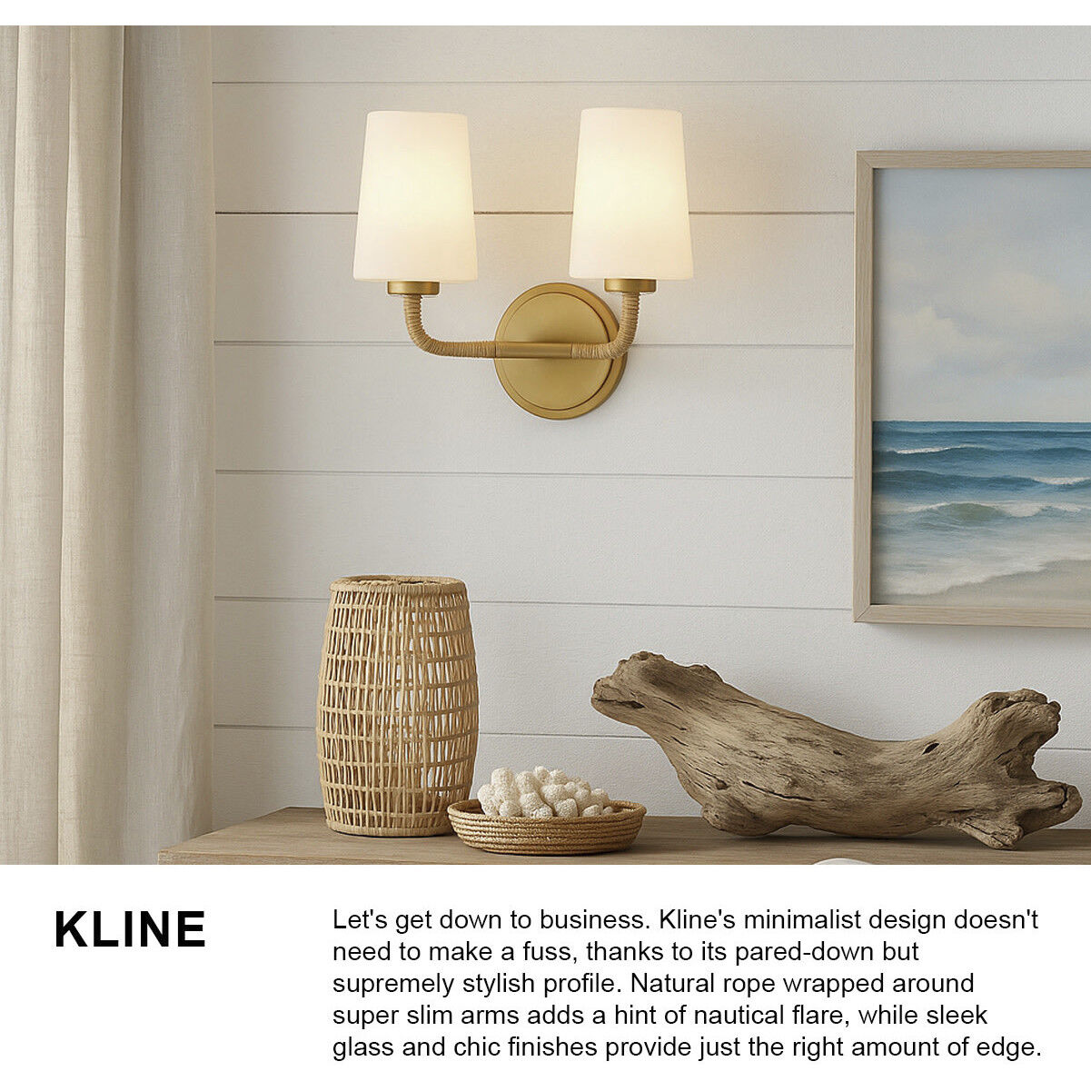 Kline 2 Light 14.25 inch Lacquered Brass with Natural Vanity Light Wall Light in Etched Opal, Small