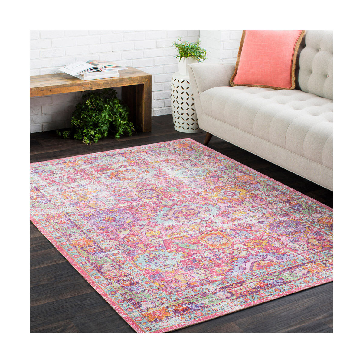 Antioch 69 X 47 inch Bright Pink/Lavender/Saffron/Dark Purple/Lime Rugs, Rectangle