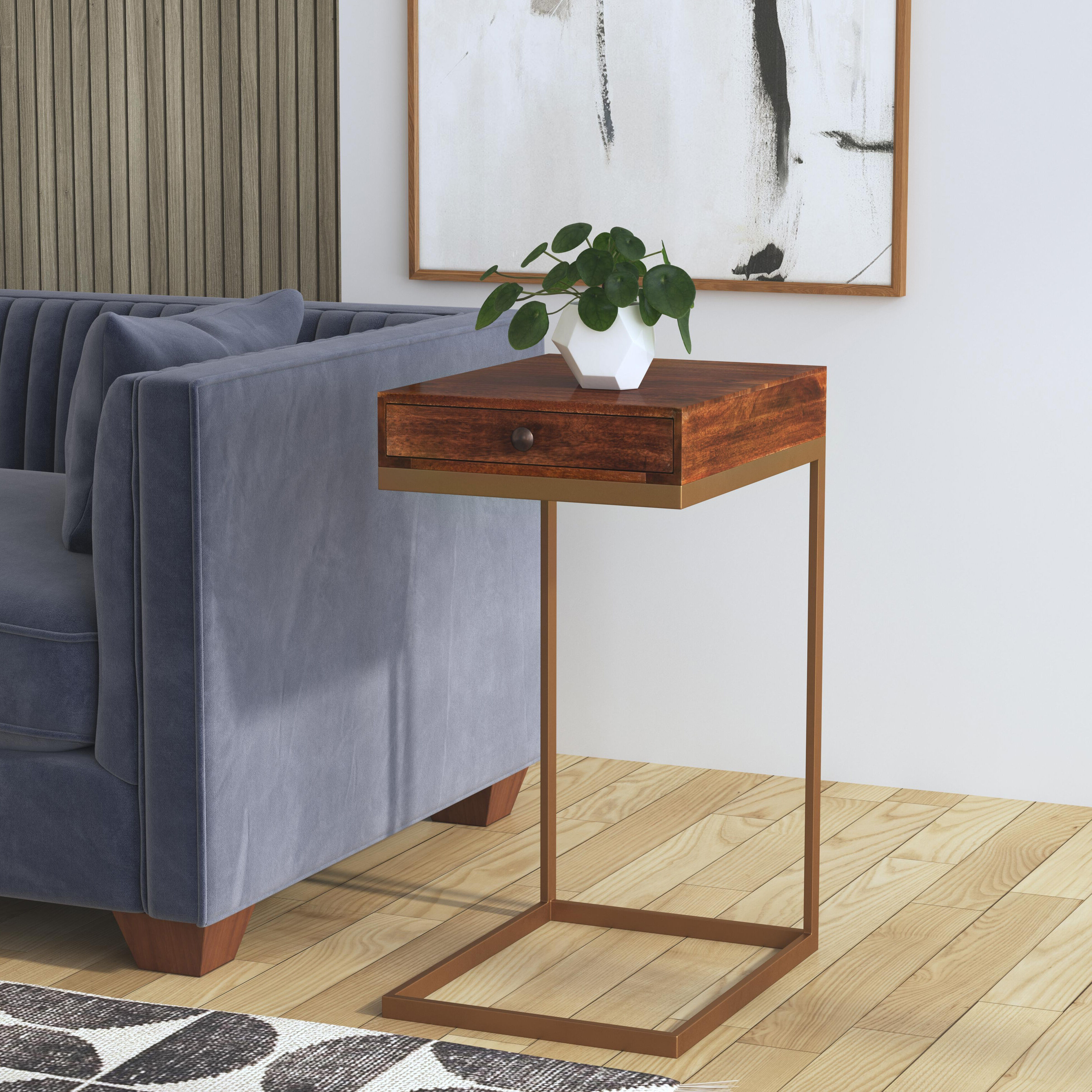 Alec 1 Drawer C Shaped End Table in Medium Brown
